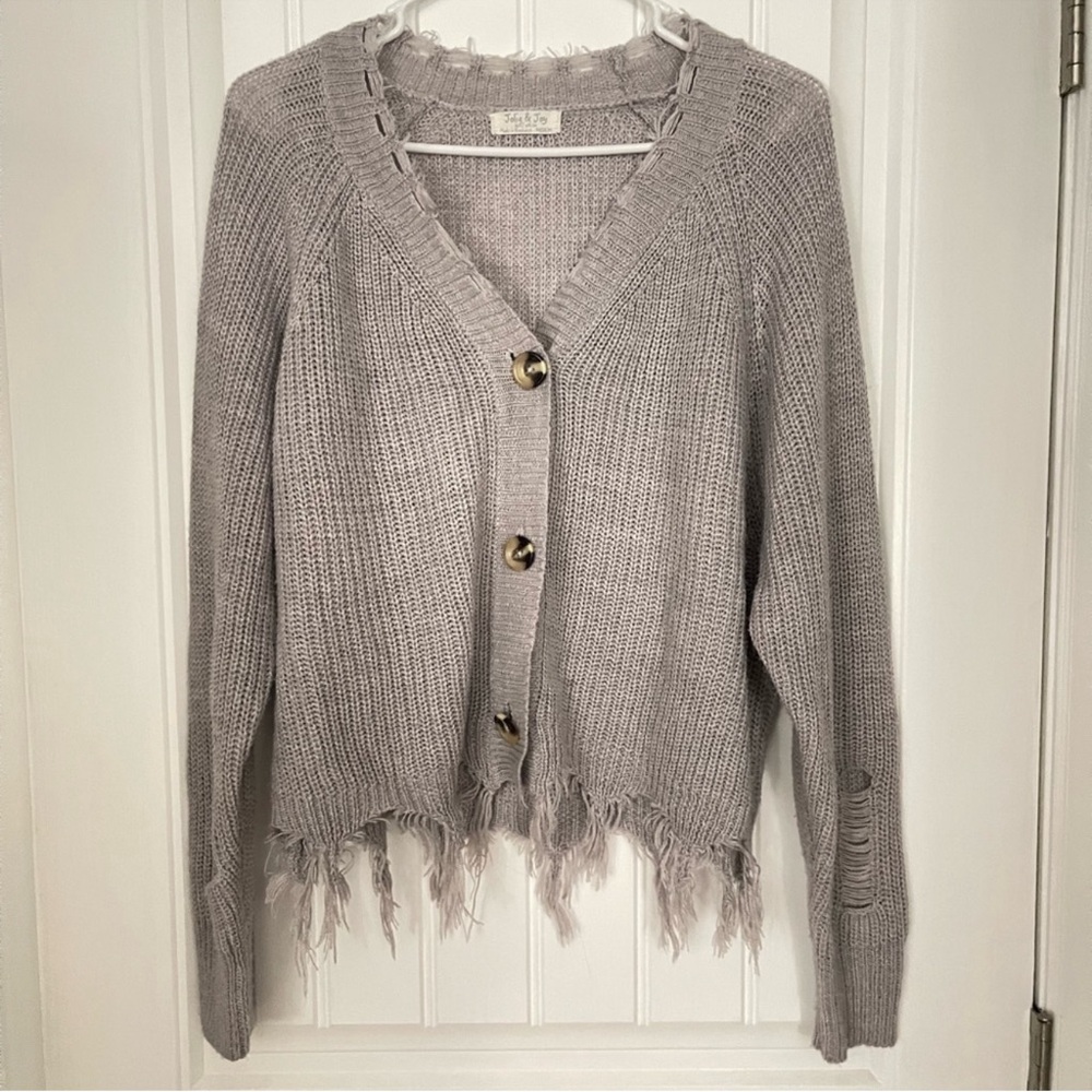 Jolie & Joy Distressed Knit Light Gray Cardigan